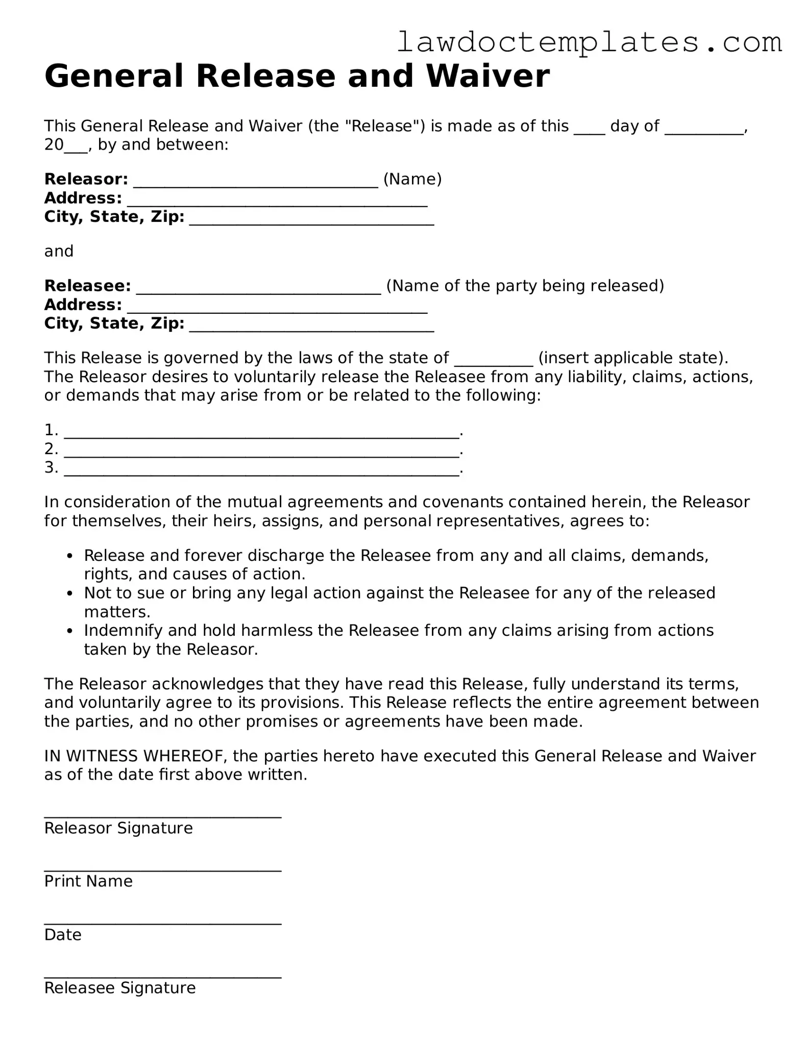 Blank General Release and Waiver Document