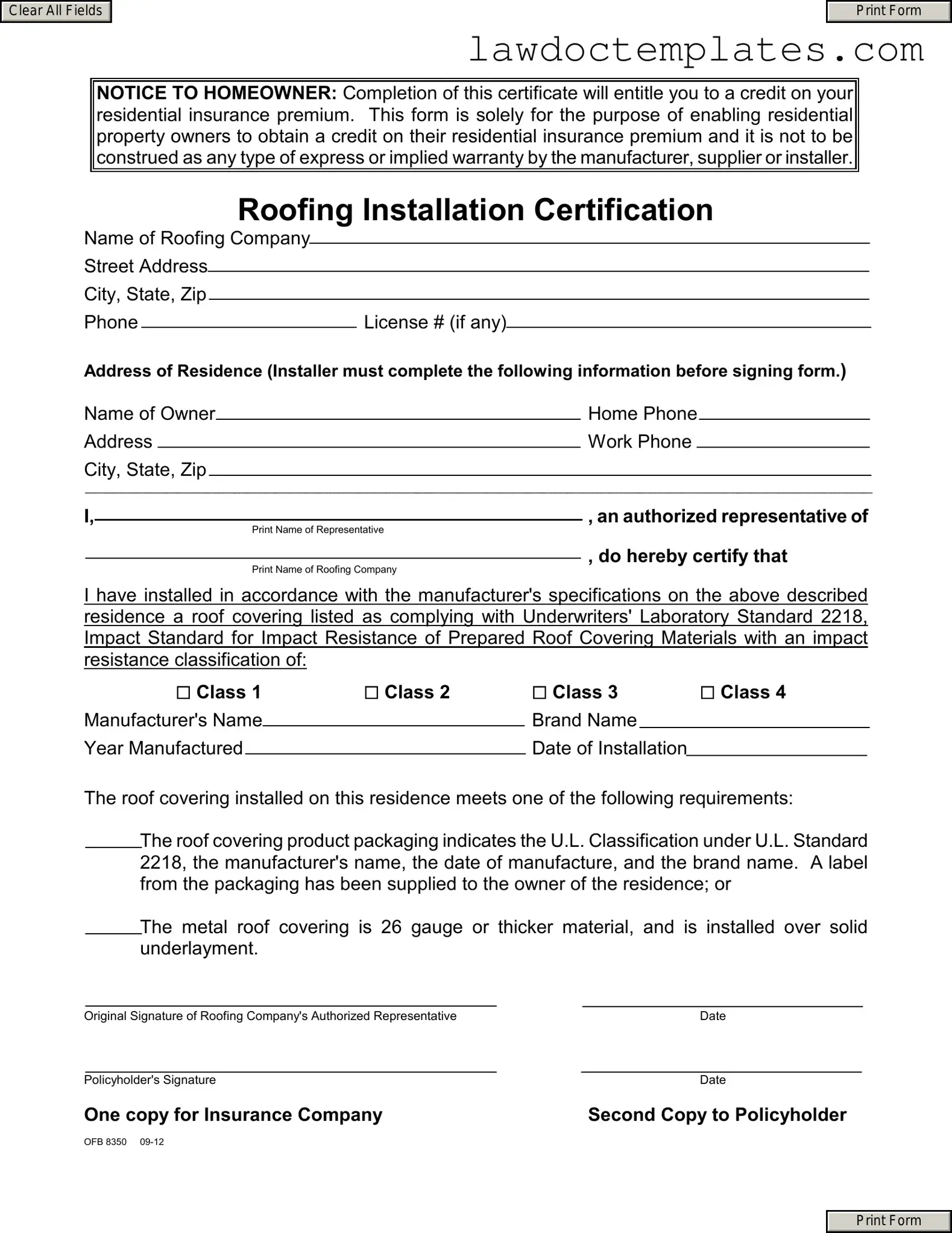 Fill Your Roofing Certificate Form