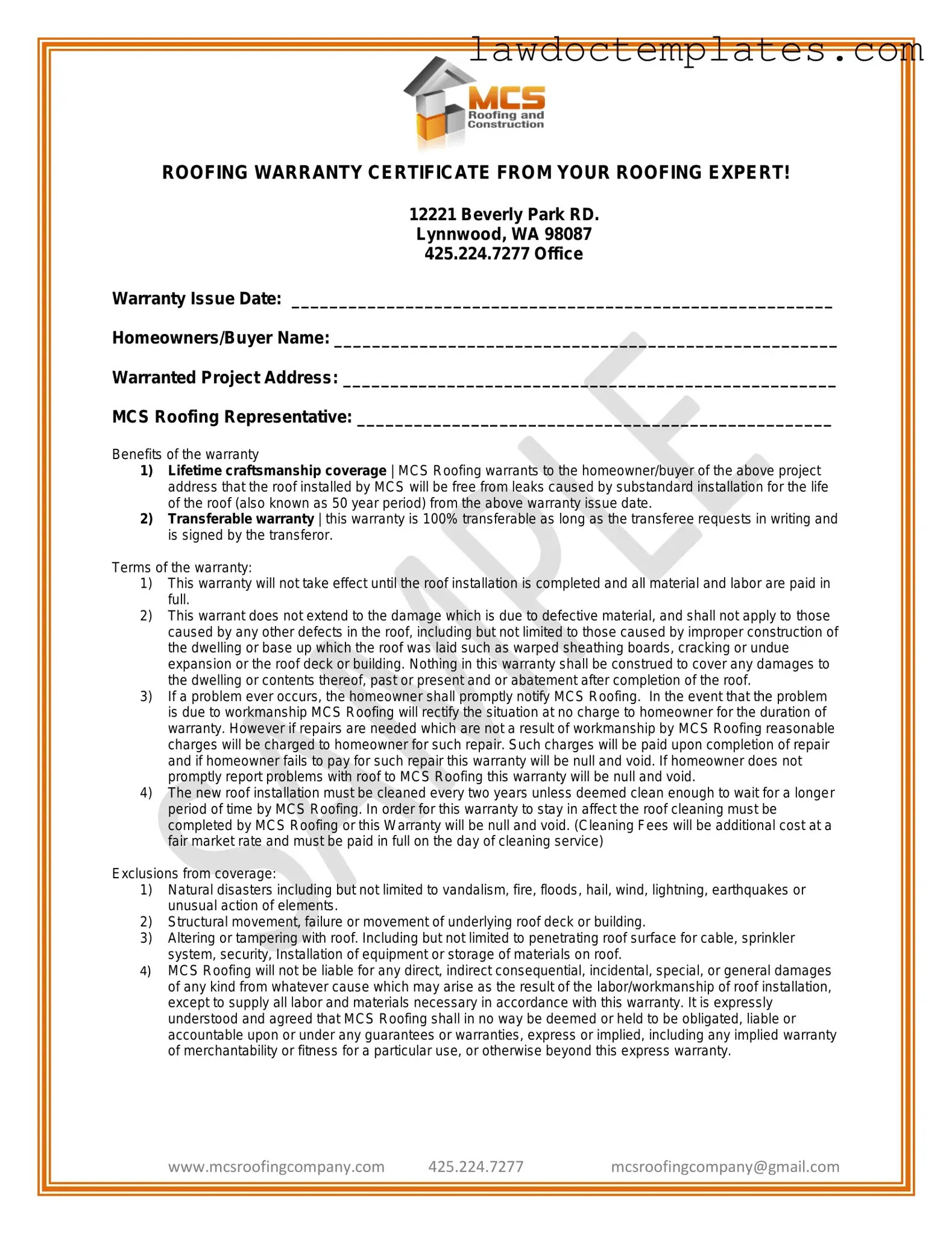 Fill Your Roofing Warranty Certificate Form
