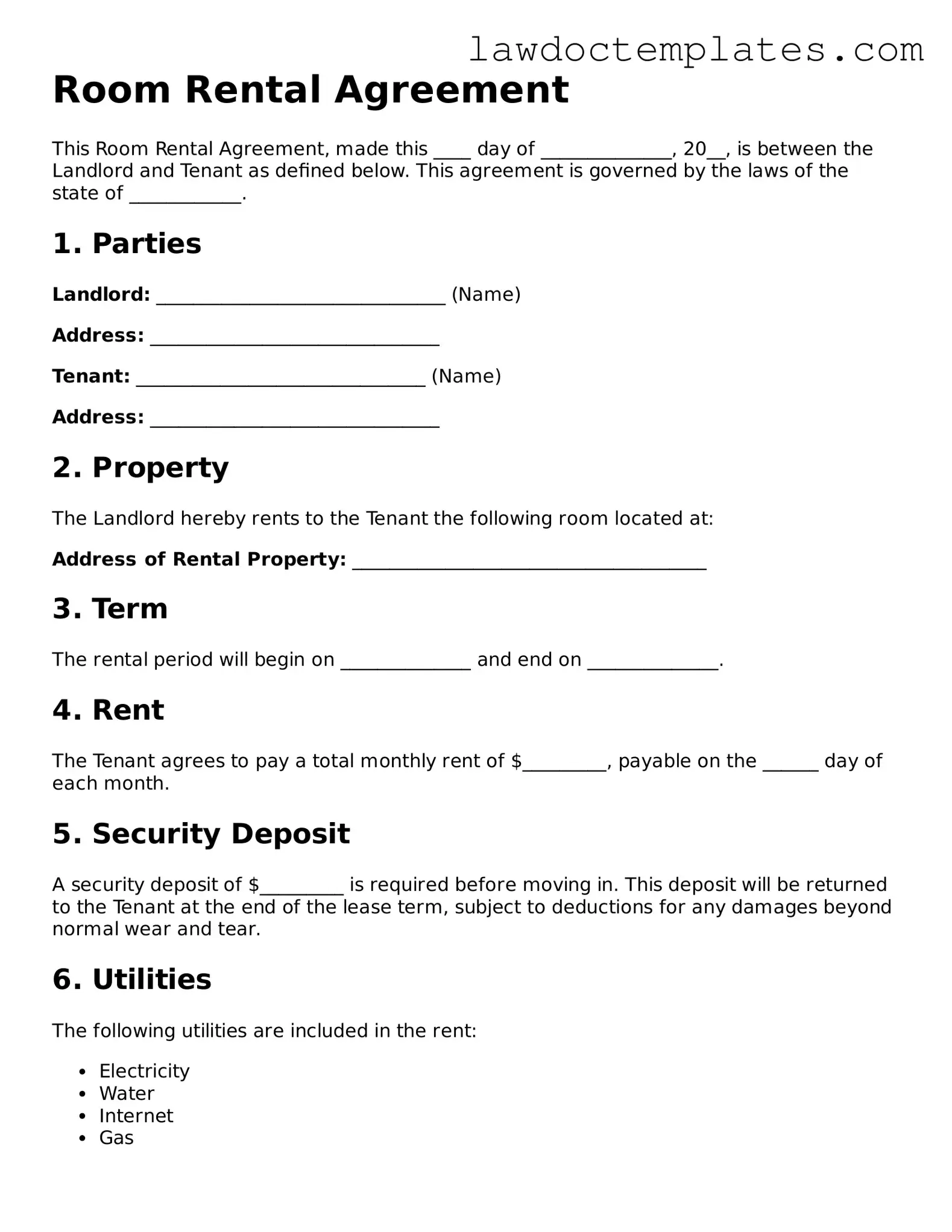 Blank Room Rental Agreement Document