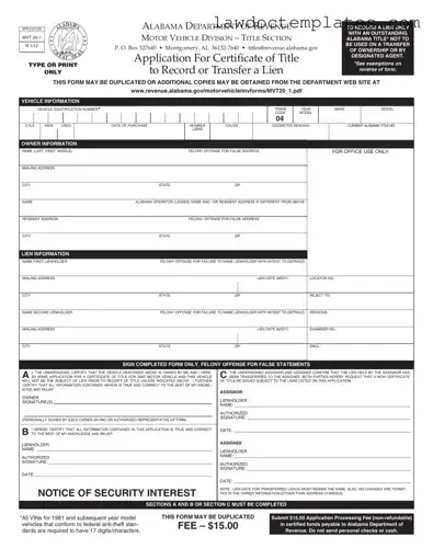 Fill Your Alabama Mvt 20 1 Form