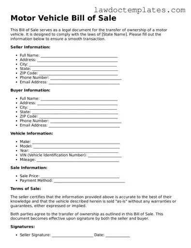 Blank Motor Vehicle Bill of Sale Document