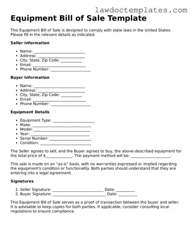 Blank Equipment Bill of Sale Document