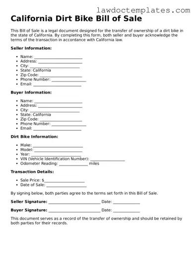 Dirt Bike Bill of Sale Document for California State