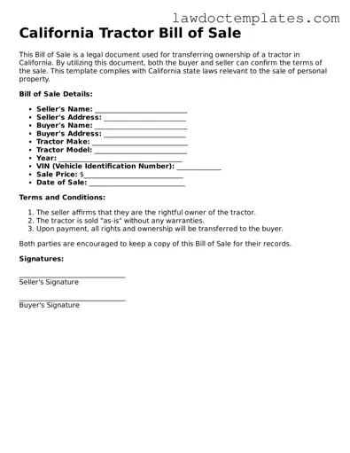 Tractor Bill of Sale Document for California State
