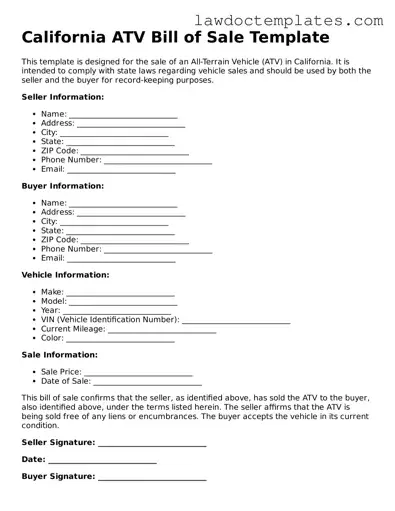 ATV Bill of Sale Document for California State