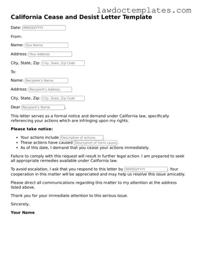 Cease and Desist Letter Document for California State