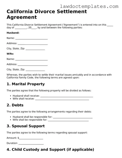 Divorce Settlement Agreement Document for California State