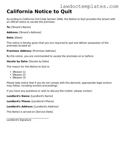 Notice to Quit Document for California State
