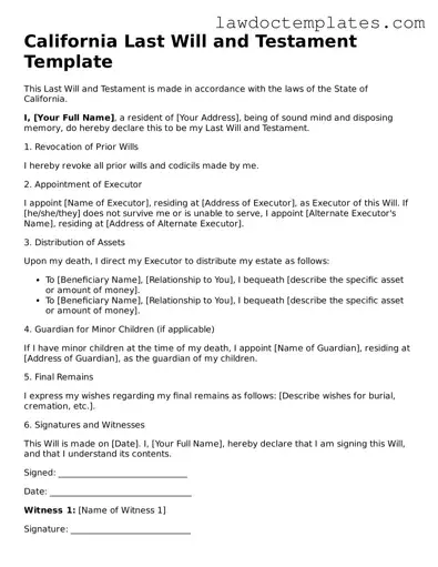 Last Will and Testament Document for California State