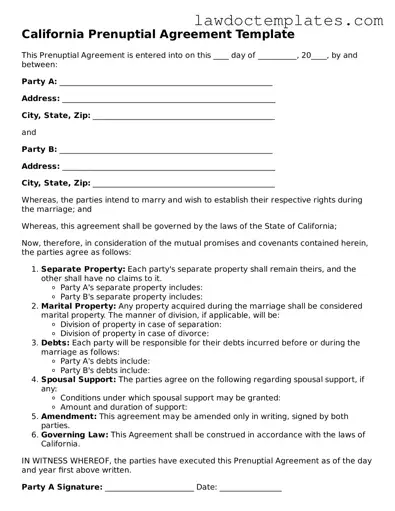 Prenuptial Agreement Document for California State
