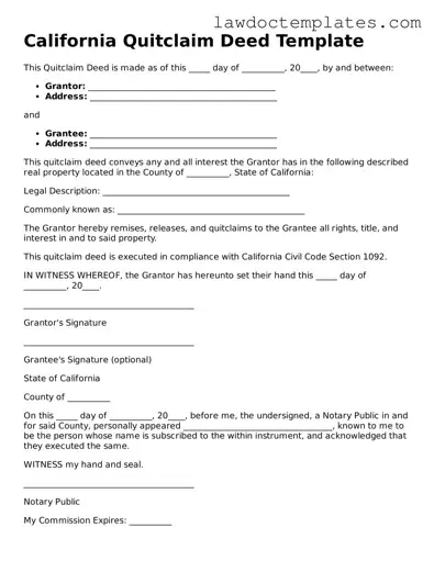 Quitclaim Deed Document for California State