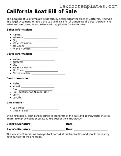 Boat Bill of Sale Document for California State