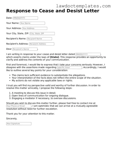 Blank Response to a Cease and Desist Letter Document