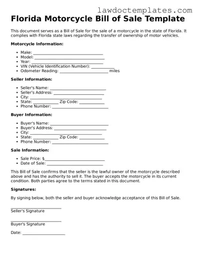 Motorcycle Bill of Sale Document for Florida State