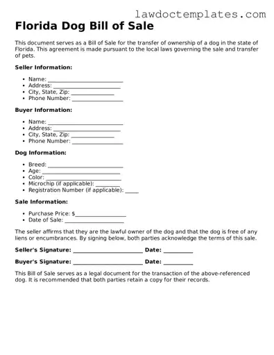 Dog Bill of Sale Document for Florida State