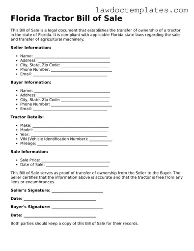 Tractor Bill of Sale Document for Florida State