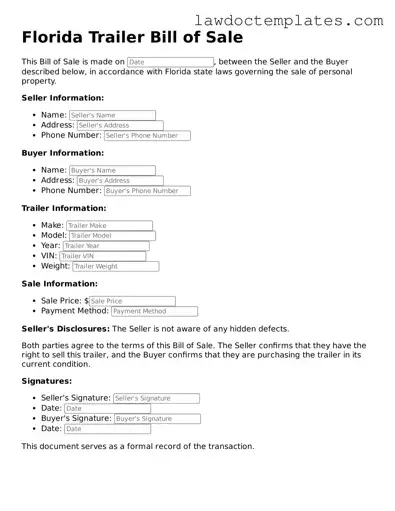 Trailer Bill of Sale Document for Florida State