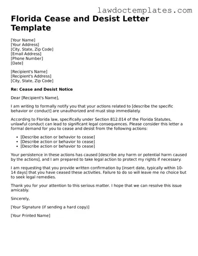 Cease and Desist Letter Document for Florida State