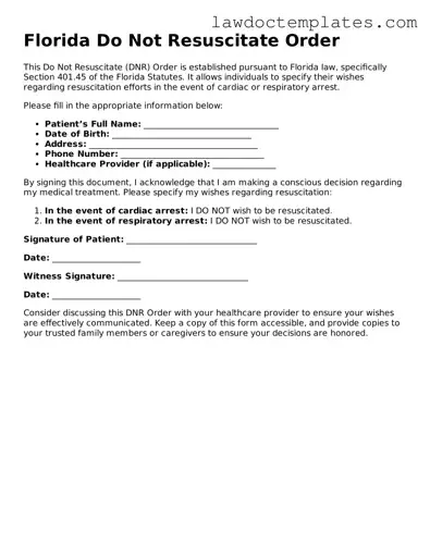 Do Not Resuscitate Order Document for Florida State