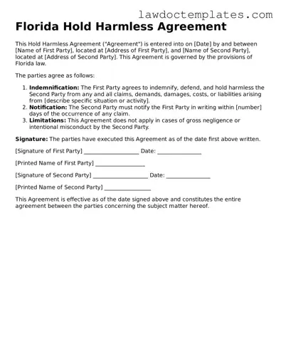 Hold Harmless Agreement Document for Florida State