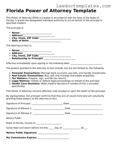 Power of Attorney Document for Florida State