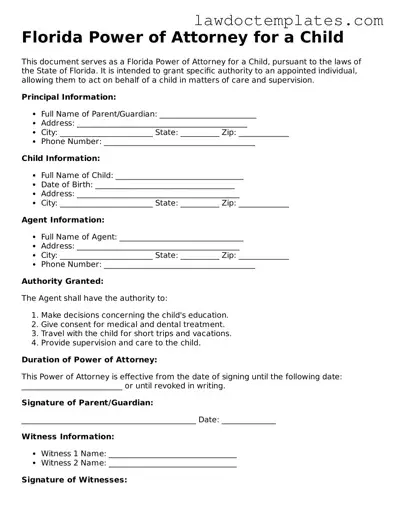 Power of Attorney for a Child Document for Florida State