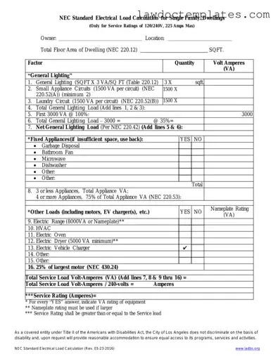 Fill Your LADBS NEC Standard Electrical Load Calculation Form