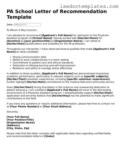 Blank PA School Letter of Recommendation Document