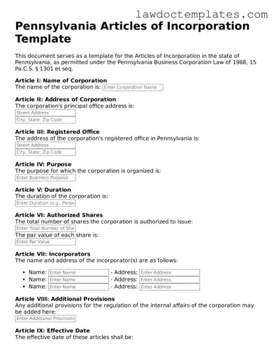Articles of Incorporation Document for Pennsylvania State