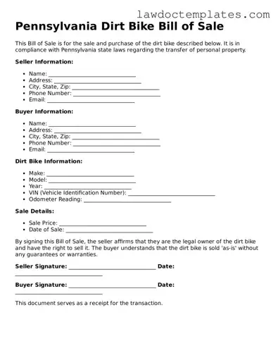 Dirt Bike Bill of Sale Document for Pennsylvania State