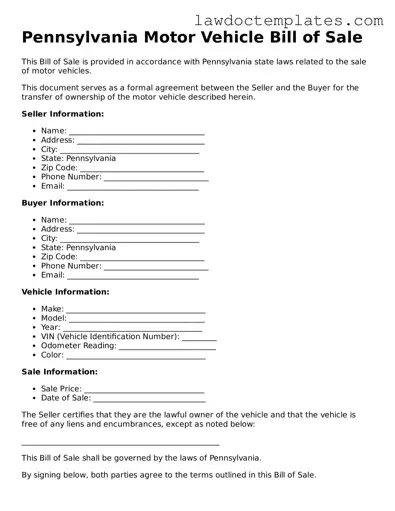 Motor Vehicle Bill of Sale Document for Pennsylvania State