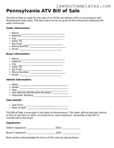 ATV Bill of Sale Document for Pennsylvania State