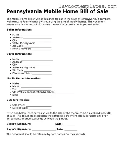 Mobile Home Bill of Sale Document for Pennsylvania State