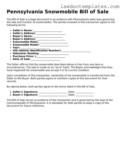 Snowmobile Bill of Sale Document for Pennsylvania State