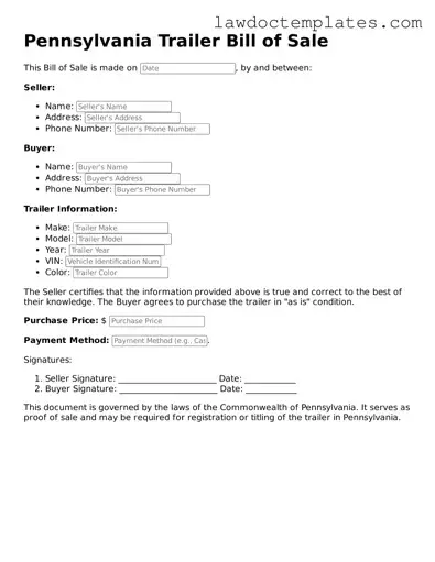 Trailer Bill of Sale Document for Pennsylvania State