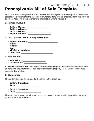 Bill of Sale Document for Pennsylvania State