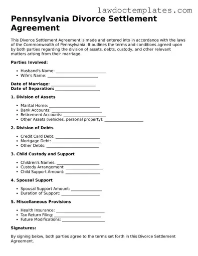 Divorce Settlement Agreement Document for Pennsylvania State