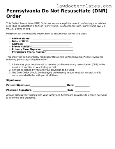 Do Not Resuscitate Order Document for Pennsylvania State