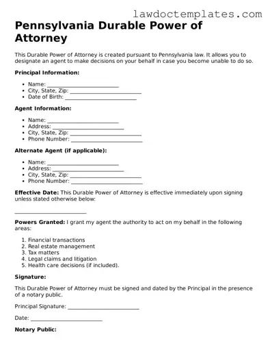 Durable Power of Attorney Document for Pennsylvania State