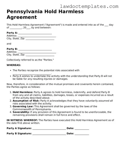 Hold Harmless Agreement Document for Pennsylvania State