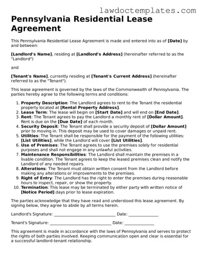 Residential Lease Agreement Document for Pennsylvania State