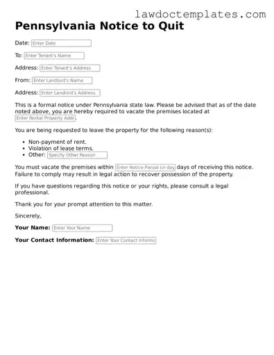 Notice to Quit Document for Pennsylvania State