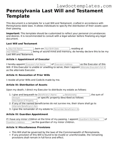 Last Will and Testament Document for Pennsylvania State
