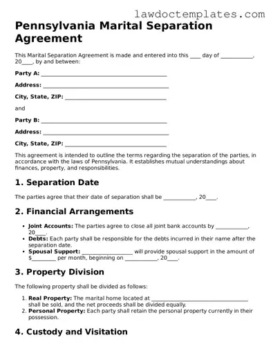 Marital Separation Agreement Document for Pennsylvania State