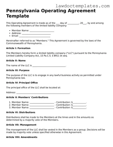 Operating Agreement Document for Pennsylvania State