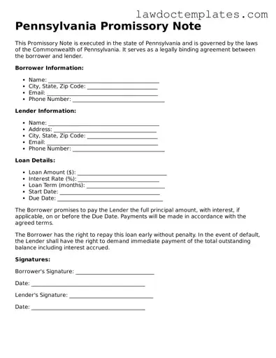 Promissory Note Document for Pennsylvania State