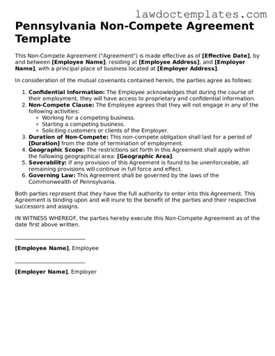 Non-compete Agreement Document for Pennsylvania State