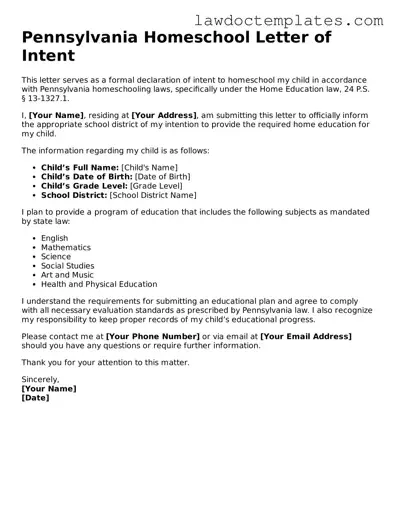 Homeschool Letter of Intent Document for Pennsylvania State