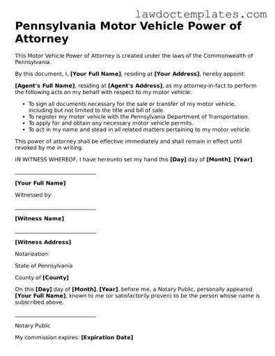 Motor Vehicle Power of Attorney Document for Pennsylvania State